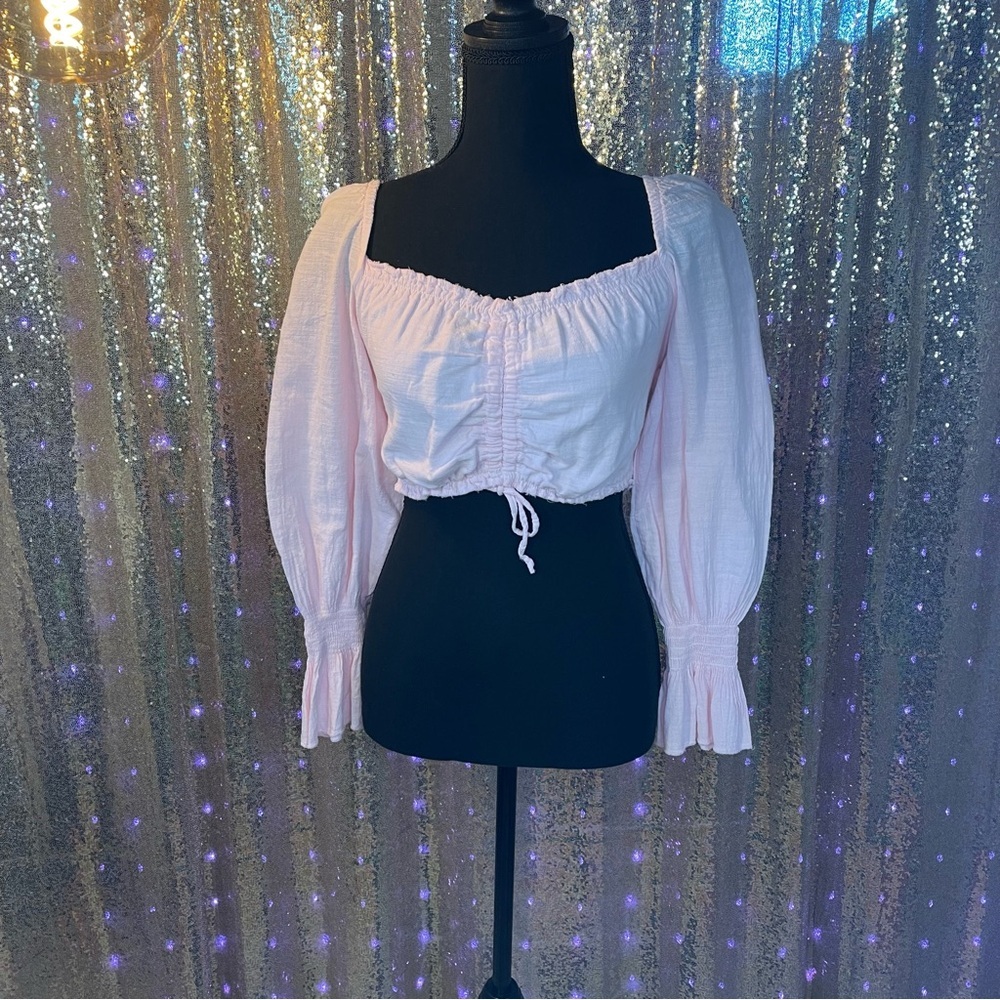 Romantic Pink Ruched Blouse puff sleeves